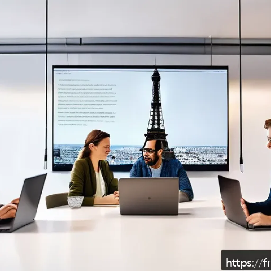 스토리텔러 직무와 관련된 글로벌 트렌드 - A modern digital marketing team collaborating in a bright, stylish Parisian office filled with natur...