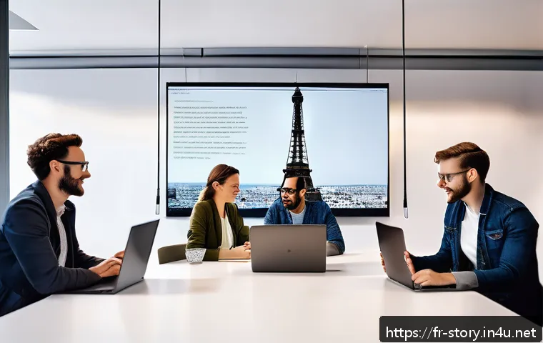 스토리텔러 직무와 관련된 글로벌 트렌드 - A modern digital marketing team collaborating in a bright, stylish Parisian office filled with natur...