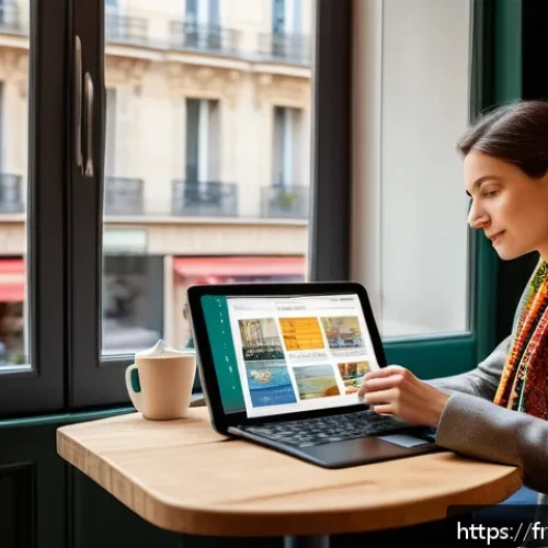 스토리텔러와 창작 과정의 중요성 - A sophisticated modern digital storyteller at work in a cozy Parisian cafe, surrounded by a laptop d...
