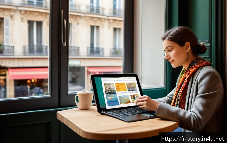 스토리텔러와 창작 과정의 중요성 - A sophisticated modern digital storyteller at work in a cozy Parisian cafe, surrounded by a laptop d...