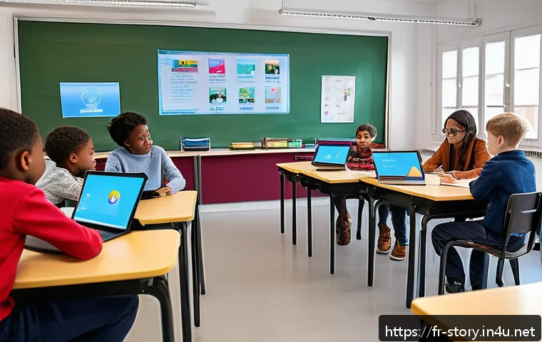 스토리텔러와 융합 교육의 장점 - A diverse classroom scene in a modern French school, showing engaged adult learners of various ages ...