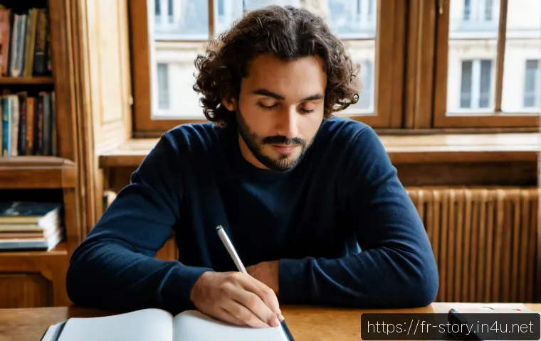Home 17 스토리텔러가 참여한 글로벌 스토리 프로젝트 - Photorealistic French storyteller in a warm Parisian studio, seated at a wooden desk with an open bl...