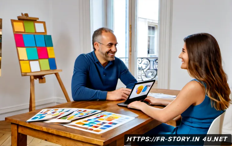 Home 17 스토리텔러로서 성공한 고객 프로젝트 - Photorealistic French creative consultant presenting a successful client storytelling project in a b...