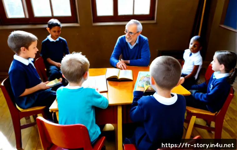 스토리텔러와 교육적 스토리텔링의 결합 - Photorealistic French primary school classroom in Lyon, a warm middle-aged storyteller sitting in a ...