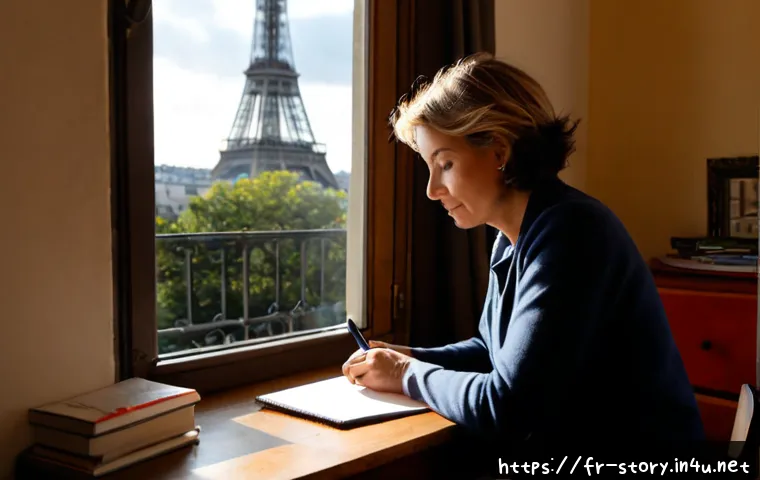 스토리텔러의 창의력 훈련법 - Photorealistic French storyteller practicing creative writing in a sunlit Paris apartment, middle-ag...