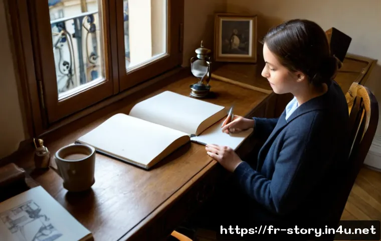 스토리텔러로서 창의성을 높이는 연습 - Photorealistic French storyteller in a sunlit Paris apartment, seated at a wooden desk with an open ...