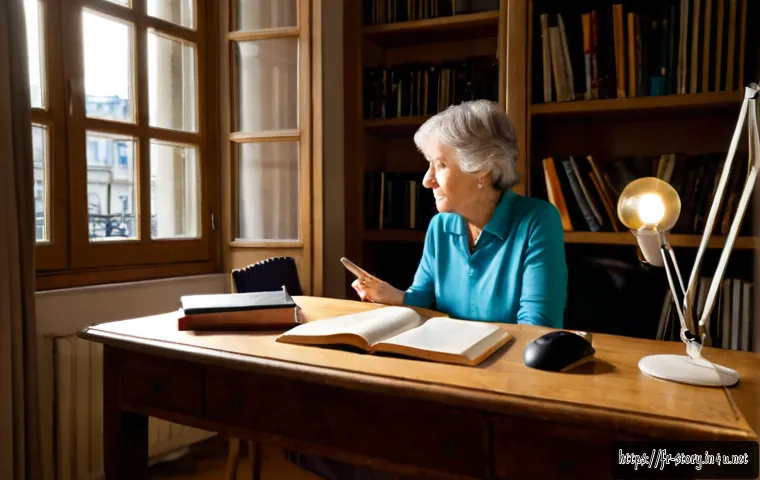 스토리텔러와 AI 기술의 접목 - Photorealistic French storyteller in a warmly lit Paris apartment study, an older woman thoughtfully...