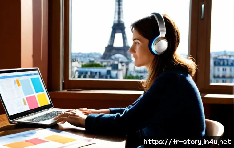Home 17 스토리텔러가 참여한 주요 프로젝트 리뷰 - Photorealistic editorial scene of a French storyteller reviewing a major film project in a sunlit Pa...