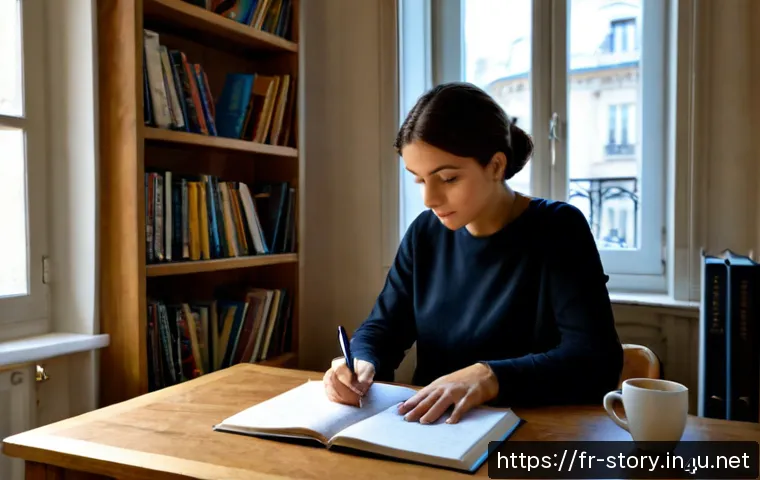 스토리텔러 직무와 관련된 전문성 향상법 - Photorealistic French storyteller developing professional skills in a quiet Paris apartment workspac...